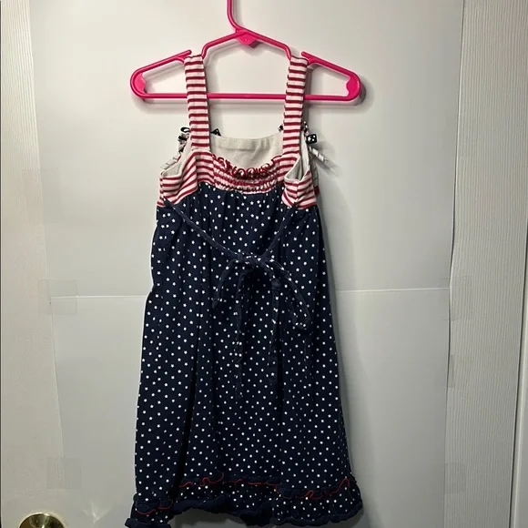 Navy Polka Dot Kids Dress with Red Stripes - Picture 5 of 9